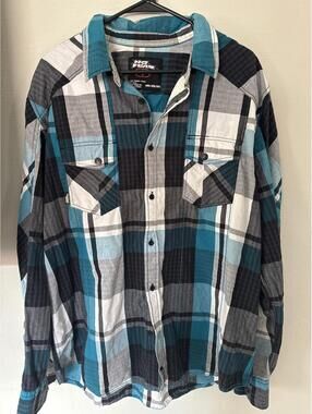 No Fear Mens XXL Plaid Long Sleeve Button Up Shirt Teal Gray Y2K 90s